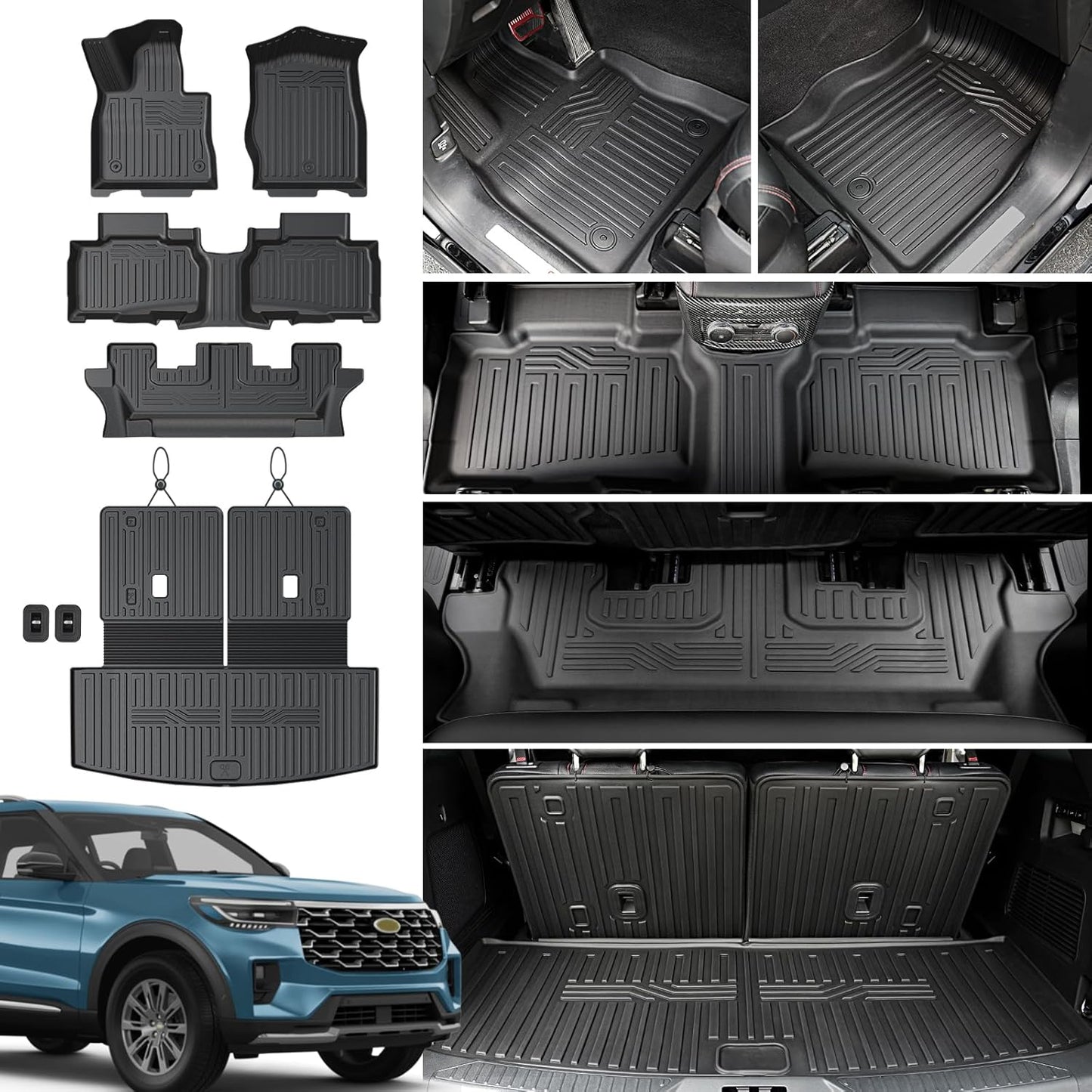 Floor Mats for 2020-2024 2025 Ford Explorer 7 Seats Bench Seat Car Mat Accessories, All Weather TPE Cargo Mat Backrest Mats Active/Platinum(7 Seat Floor Mats+2-in-1 Cargo Mat)