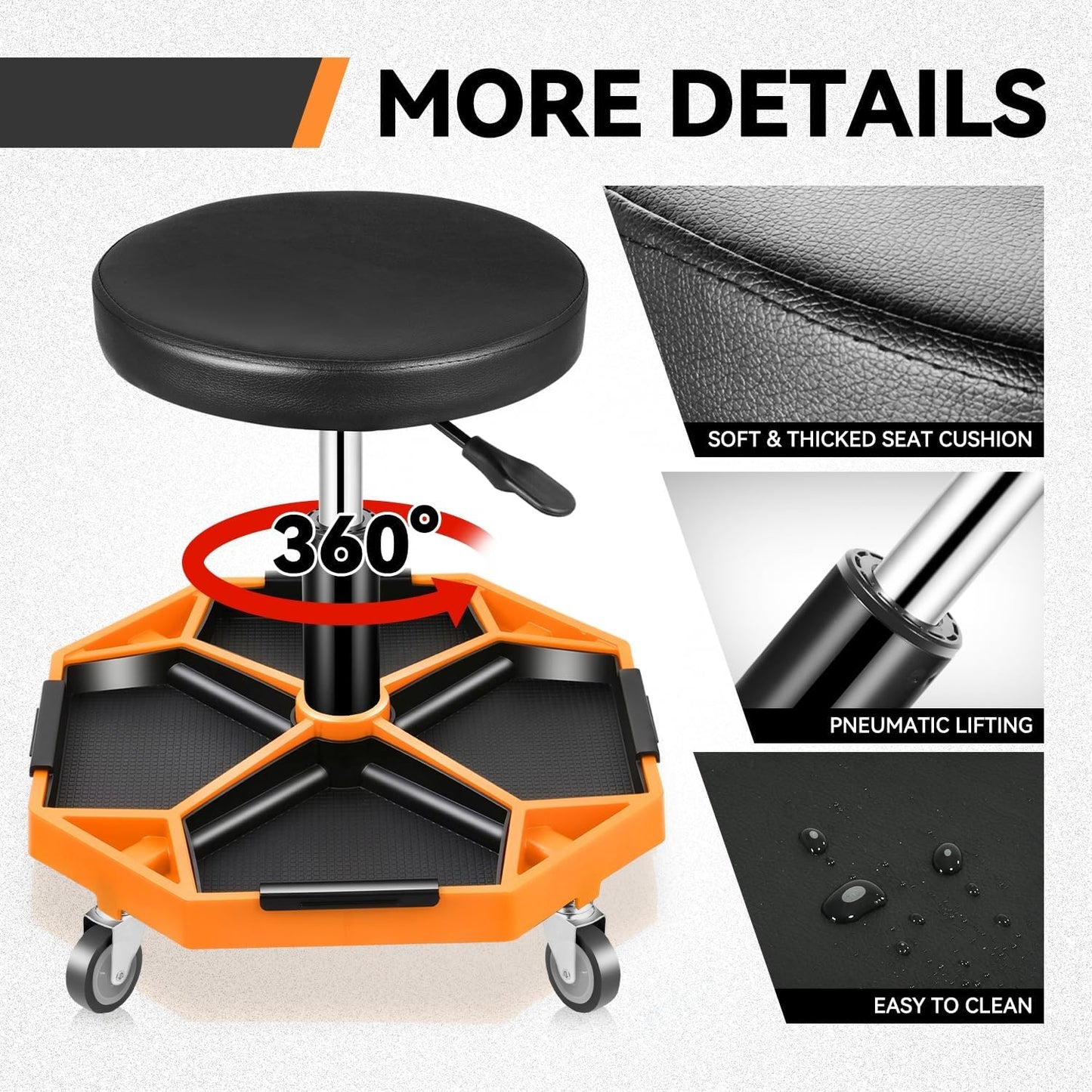 Auto Dynasty Mechanic Stool, Adjustable Rolling Pneumatic Creeper Garage Shop Seat with Tool Tray, 300 LBS Roller Seat for Workshop Auto Repair, Adjustable Height 15.7" to 21", Orange