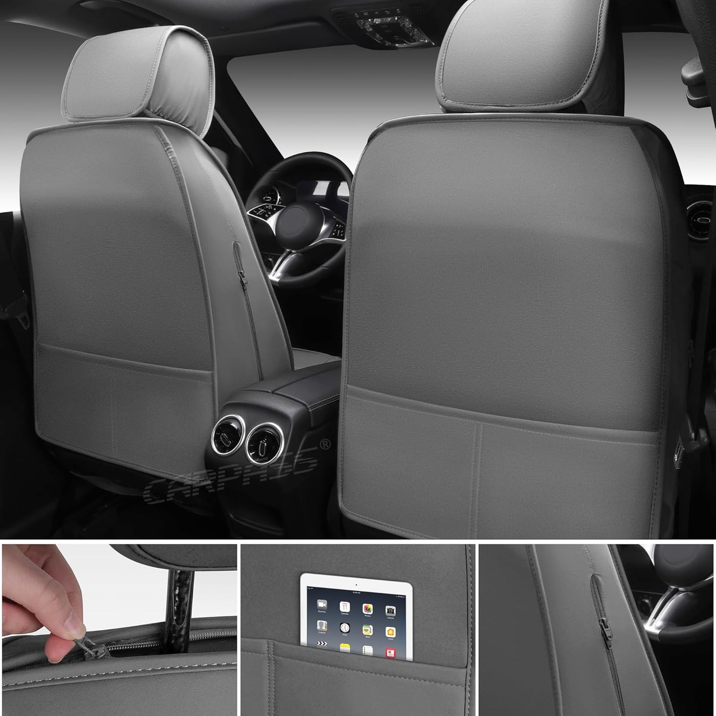 CAR PASS Nappa Leather Car Seat Covers Full Set, Luxury Seat Protector for Cars, Waterproof Anti-Slip Car Seat Cushion Armrest Compatible Airbag Universal for Sedan SUV Pick-up Truck Automotive, Gray