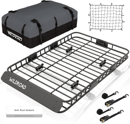 WILDROAD Car Roof Cargo Basket Combo of Upgraded 64"x 39"x 4" Roof Rack Cargo Basket with 21 Cubic ft Waterproof Cargo Bag, Cargo Net, Ratchet Straps and Anti-Rust Sealant