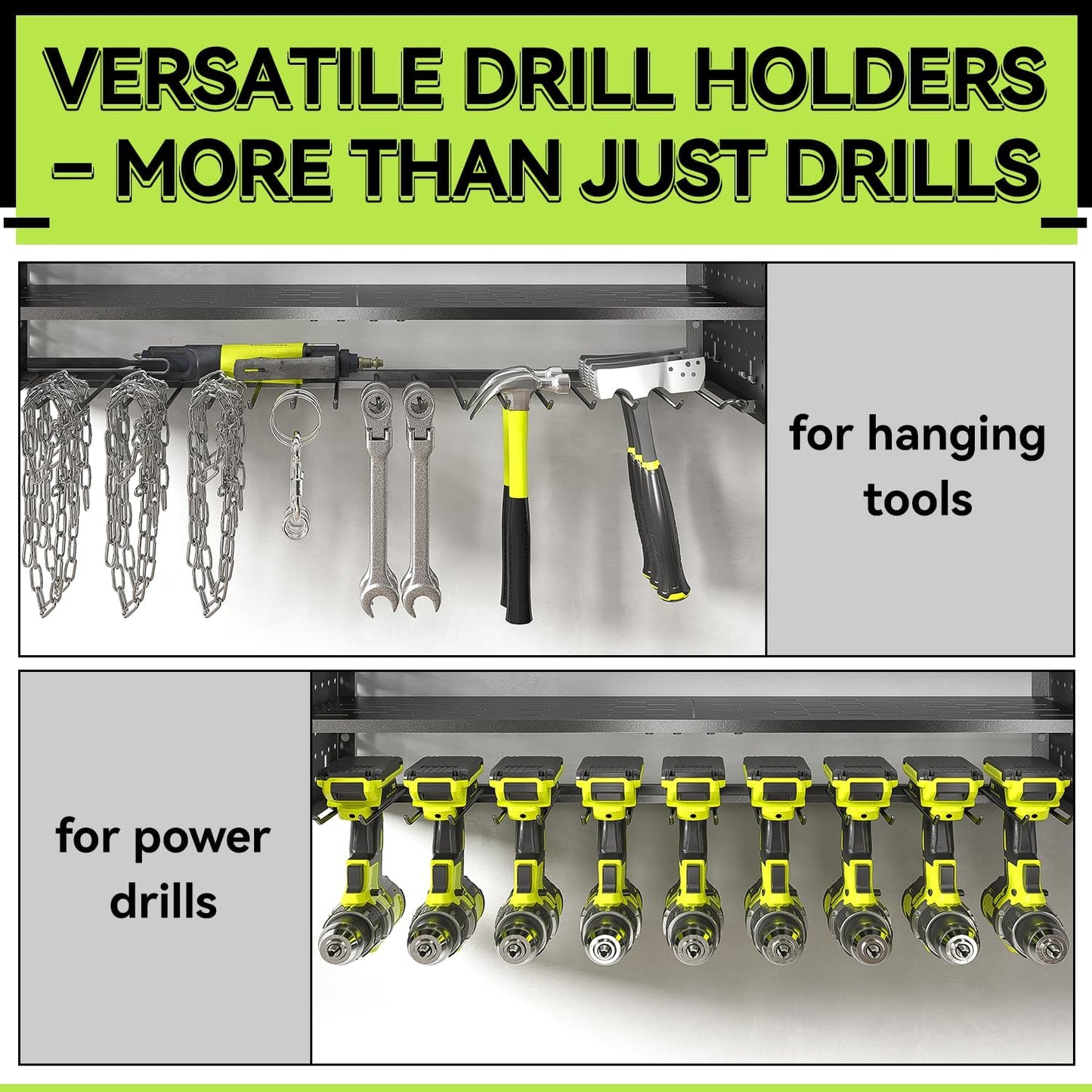 KAFAHOM Power Tool Organizer with Charging Station,9 Drill Holder Wall Mount,4 Layer Durable Metal Cordless Drill Storage for Garage Organization,Battery Tool Rack Built in 7 Outlet Power Strip Black