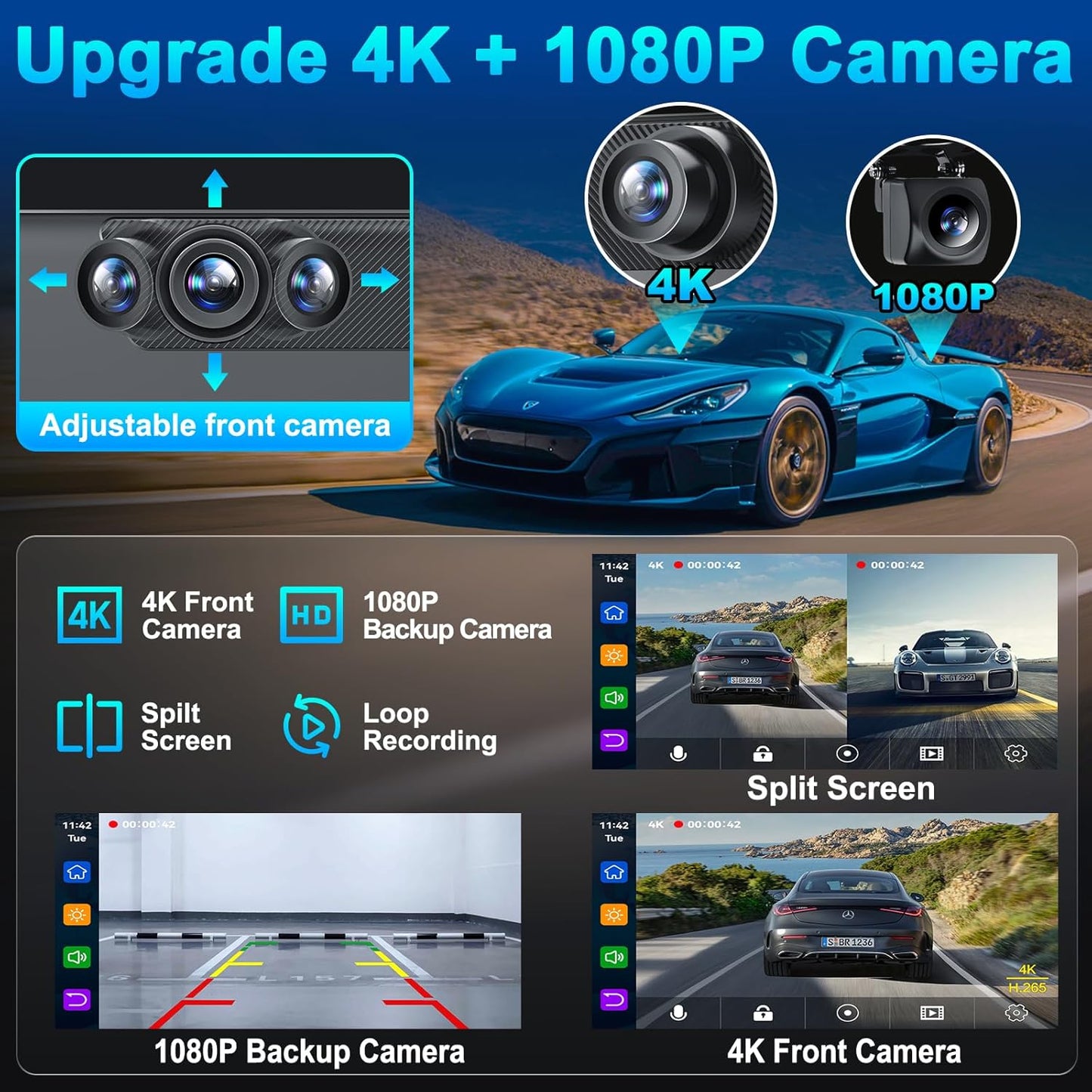 Wireless Portable Carplay Screen with 4K Dash Cam, Android Auto, 9'' Auto-Dimming Screen with Strongest Suction Mount, GPS Navigation for Car, 1080P Backup Camera, Loop Recording