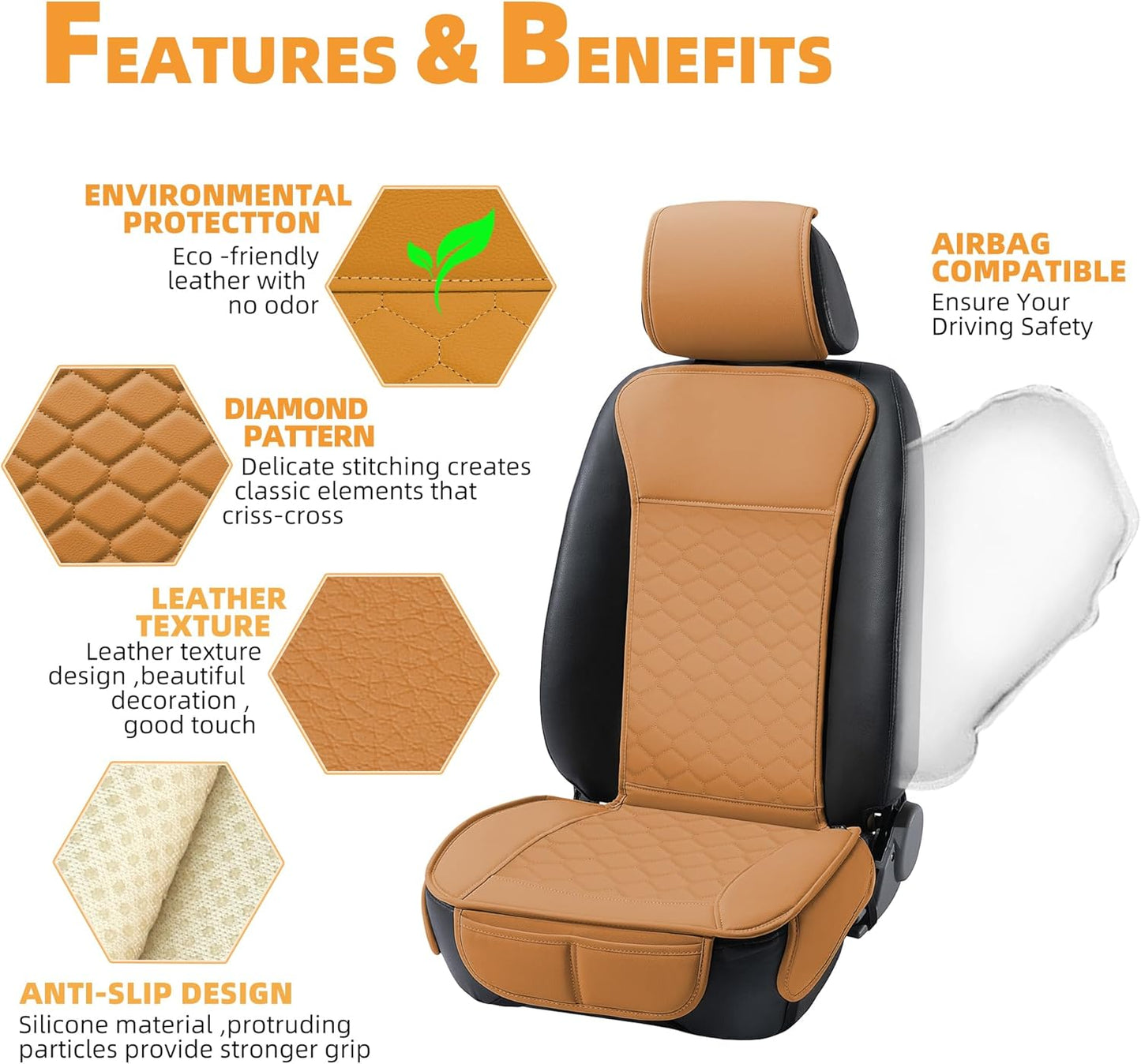 Elantrip 2PCs Front Car Seat Covers Leather Car Seat Protector Universal fit for Most Cars SUVs and Trucks Water Proof Seat Protector Whiskey Color