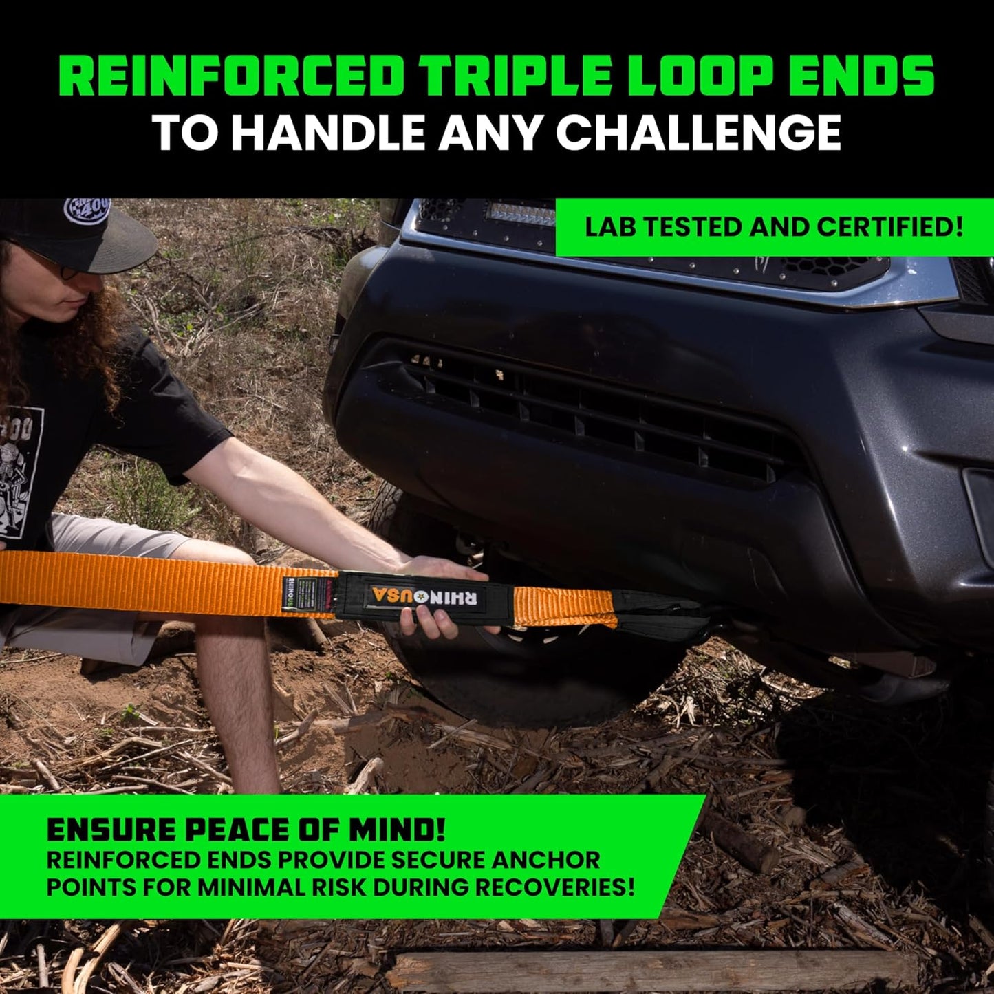 Rhino USA Recovery Tow Strap (3"x20')- 31,518lb Break Strength- Emergency Recovery Strap Tow Rope for Truck, UTV, ATV & More- Heavy Duty Towing Strap for Offroad 4x4 Use- Compatible with Jeep (Orange)