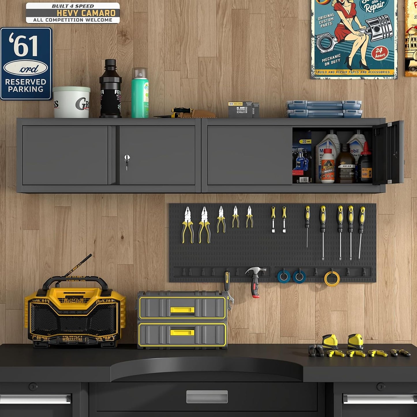 LUCYPAL Garage Storage Cabinet,Metal Wall Storage Cabinet with Locking Doors for Workshop,Kitchen,Steel Tool Hanging Cabinets for Warehouse,Home Office,Black,12.8''H