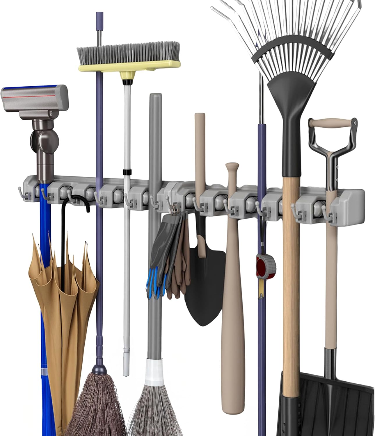 Stalwart Garden Tool Organizer Wall Mount Broom and Mop Holder, 5 Adjustable Slots and 6 Hooks Utility Rack for Garage or Home Organization, 2-Pack