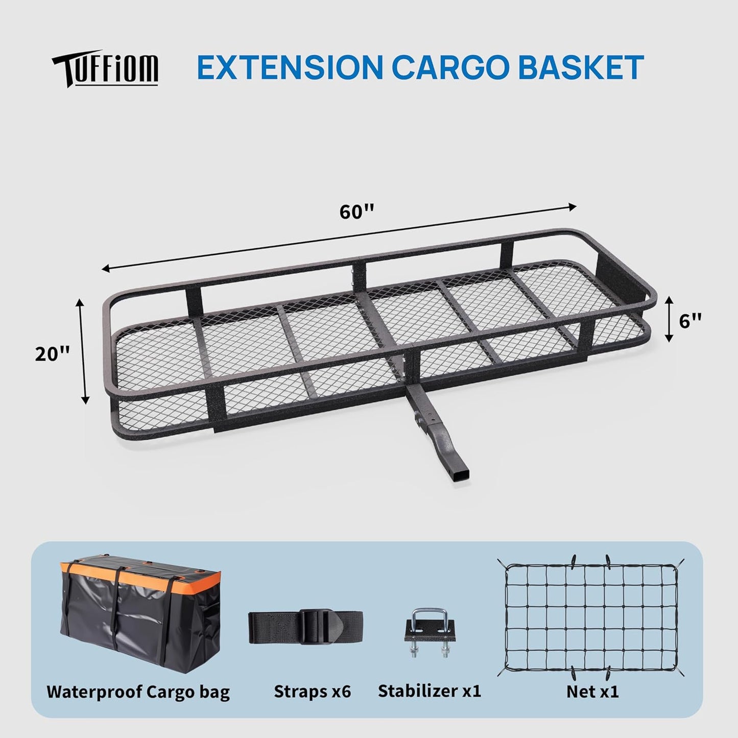 Bonnlo 60''X 20''X6'' Folding Hitch Mount Cargo Carrier Basket with Stablizer, Waterproof Bag, Net, Straps, 500 LBS Capacity Rear Luggage Rack Basket Fits Sedan, SUV, TAN