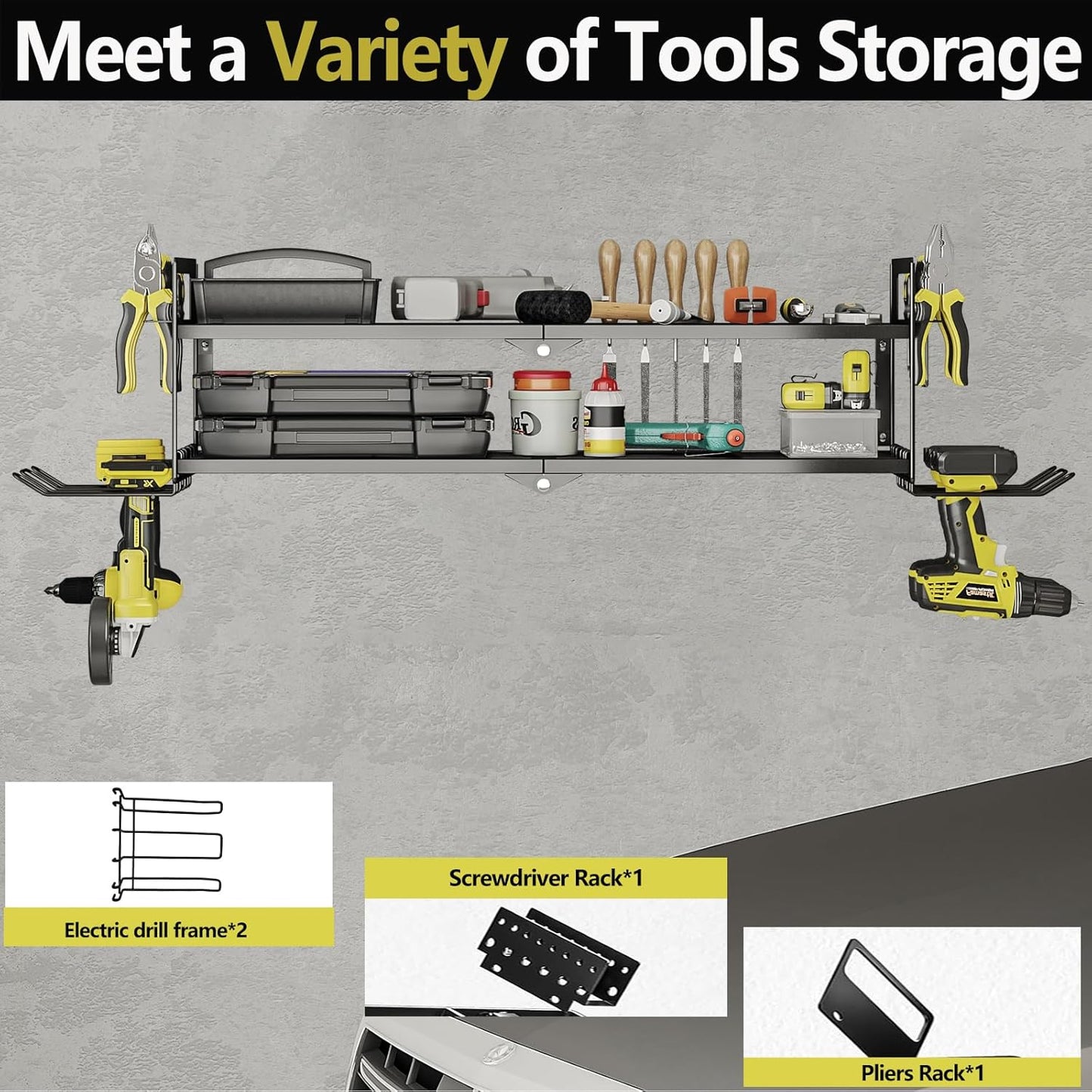 AZERPIAN Heavy Duty Power Tool Organizer Wall Mount for Drill and Cordless Tools Heavy Duty Rack for Garage Organization Workshop Pegboard (2 Layers 4 Slots)