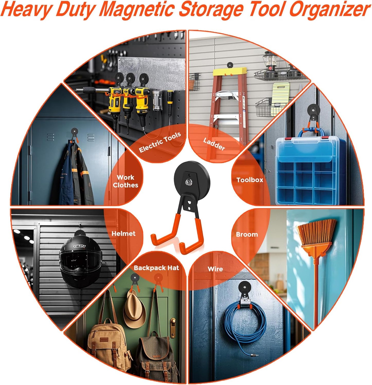 4Pcs Magnetic Hooks Heavy Duty, Large Strong Magnetic Storage Hook for Hanging Garage Tool, 66mm Magnet Hooks with Anti-Slip Coating, Magnetic Holder for Power Drill/Metal Cabinet/Garden Tools