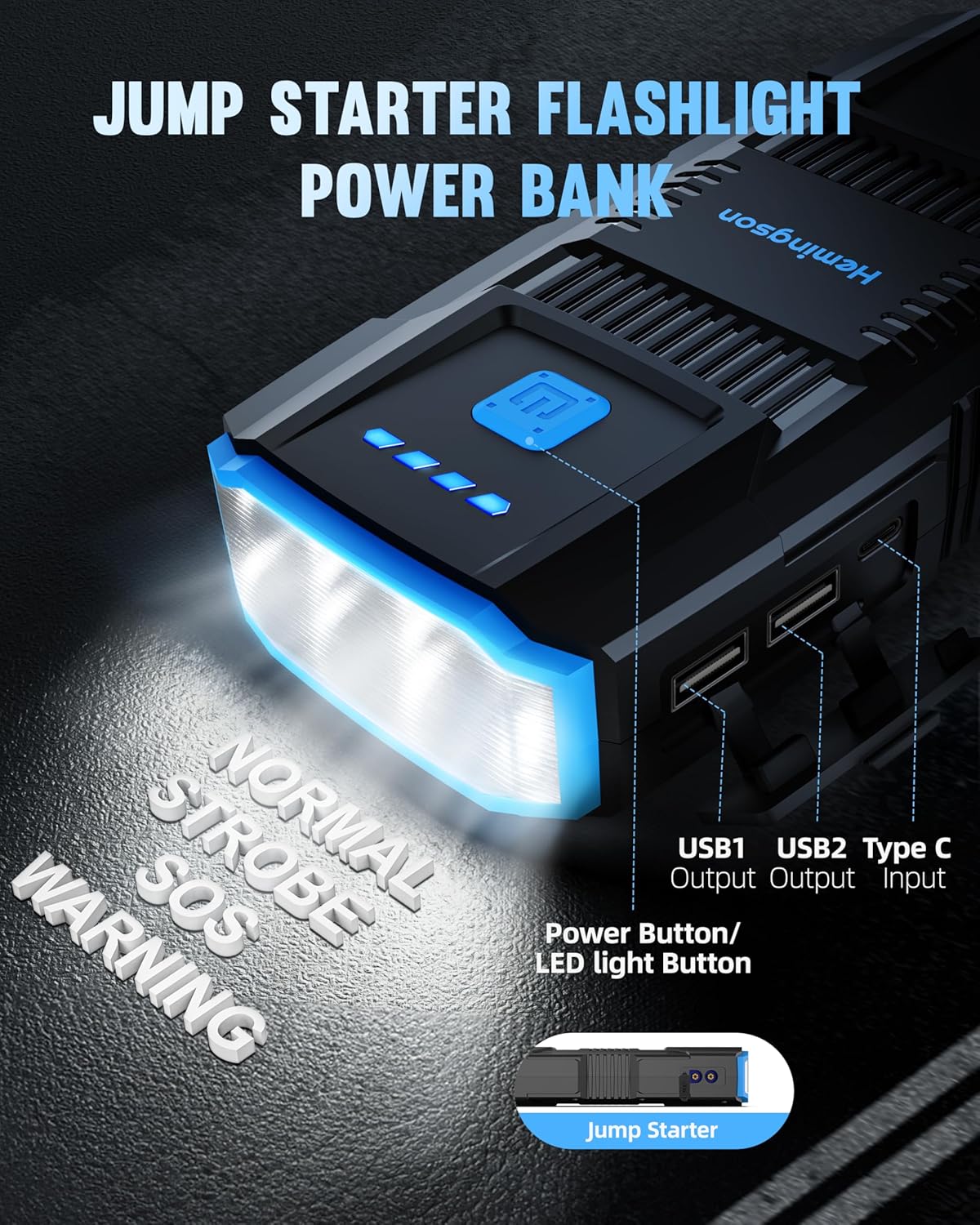 Car Jump Starter, HEMINGSON 2000A Peak Battery Jump Starter Portable 12V Jump Box for Vehicles 7.0L Gas and 5.5L Diesel Engines with 4 Modes LED Lights and Jumper Cable