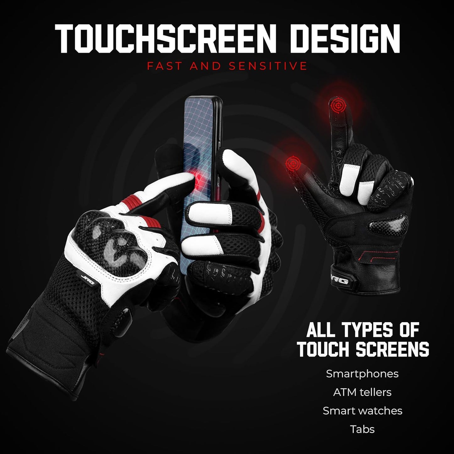 J.A.G. Leather Motorcycle Gloves for Men - Carbon Fiber Knuckle Protection, Motorbike Powersports, Dirt Bike, Touchscreen Gloves for Men and Women, Guantes para Moto.