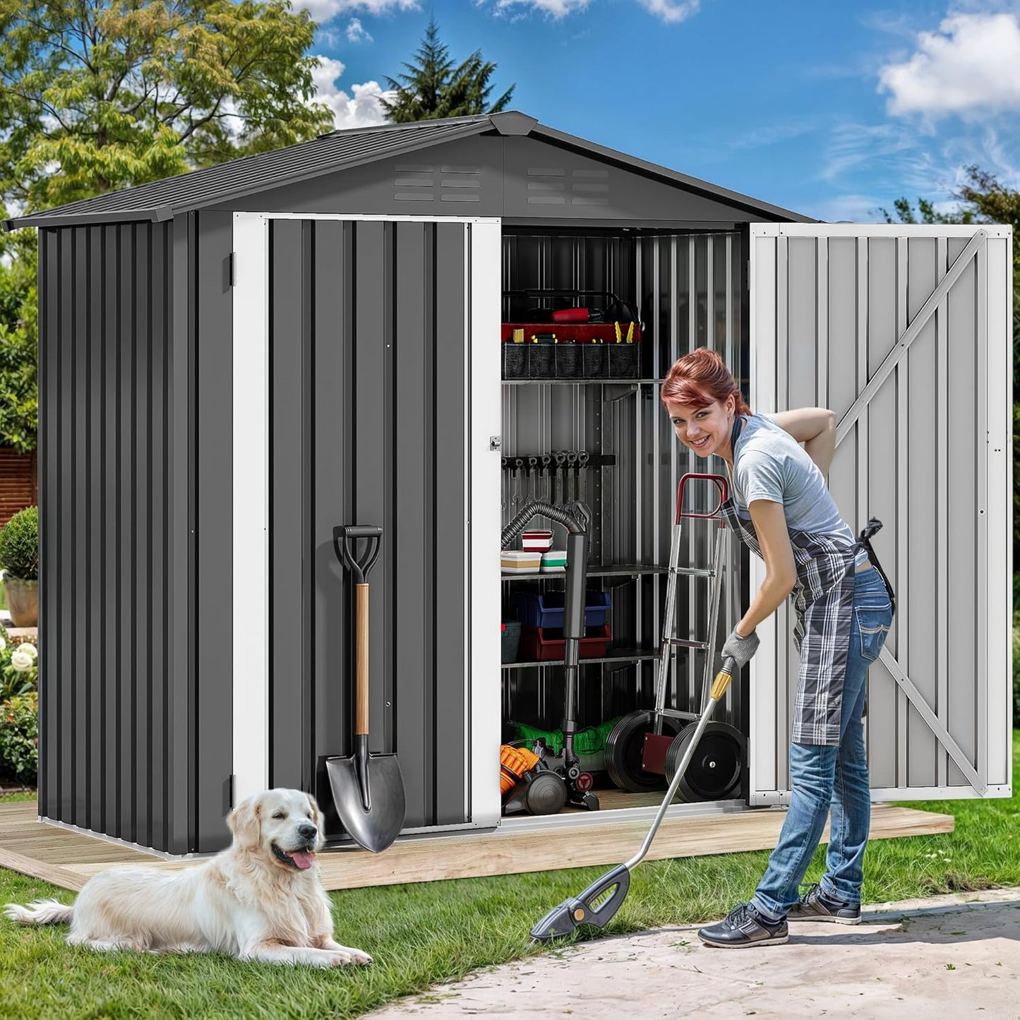 DWVO 6x4ft Storage Shed for Outdoors, Metal Sturdy Weatherproof Tool Locker with Secure Door and Ventilation for Equipment, Mowers, Bikes, Outdoor Spaces, Dark Gray