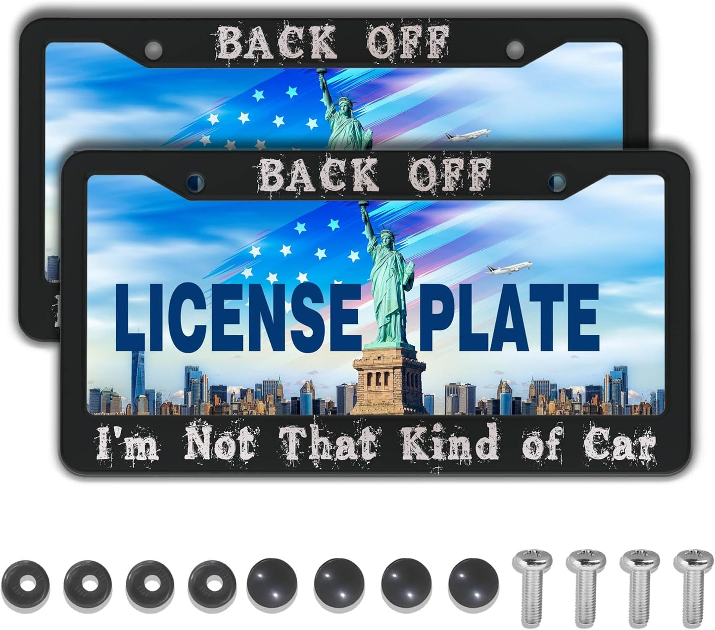 License Plate Holder Black and White License Plate Frames Back-Off I'm Not That Kind of Car Universal Aluminum Car Accessory 2 Pack with Screw Covers Set