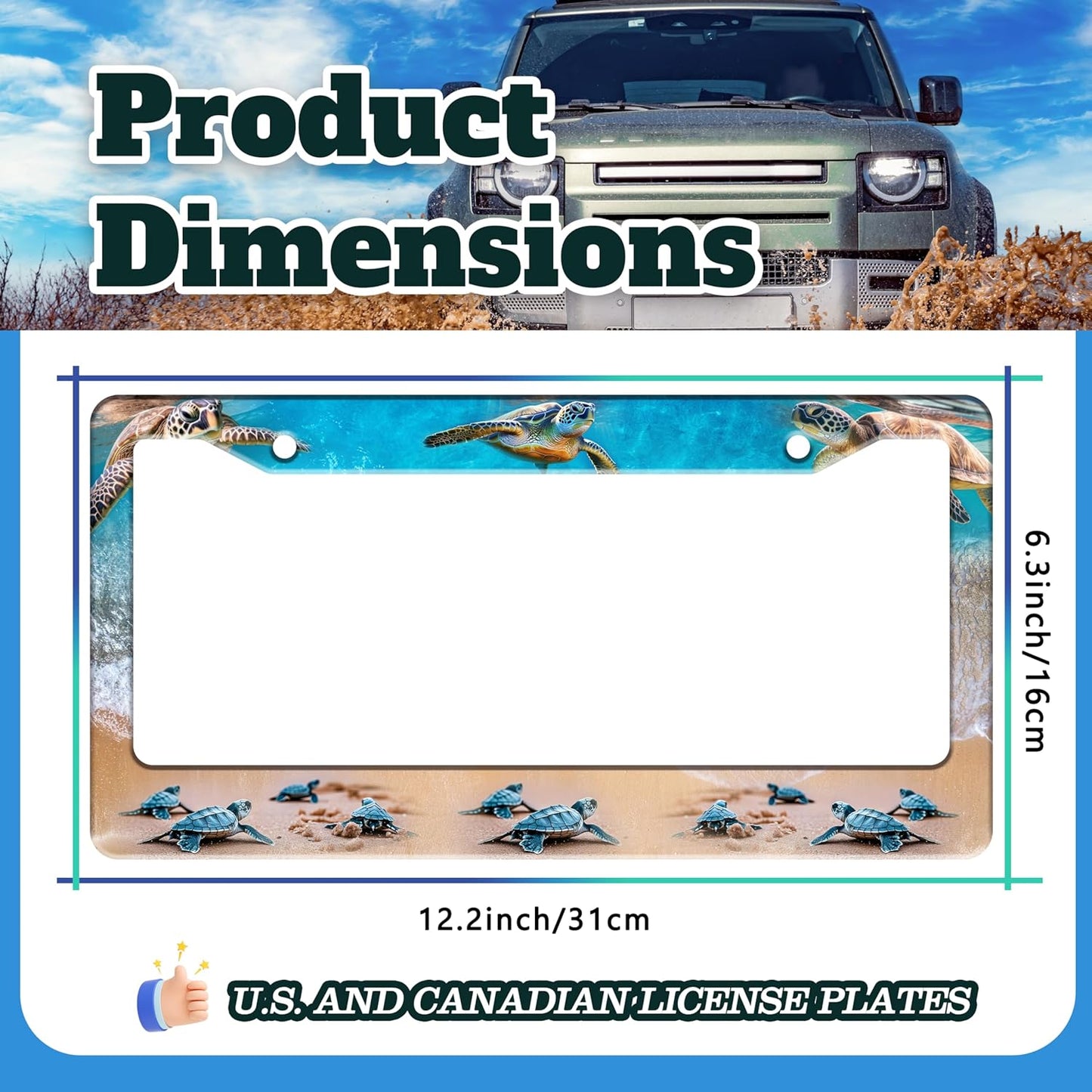 Sea Turtle License Plate Frame Seaside Beach Stainless Steel License Plate Holder for Front or Rear Car Tags Funny for Car Decoration Accessories with Screws 6.3 X 12.2 in for Women Men