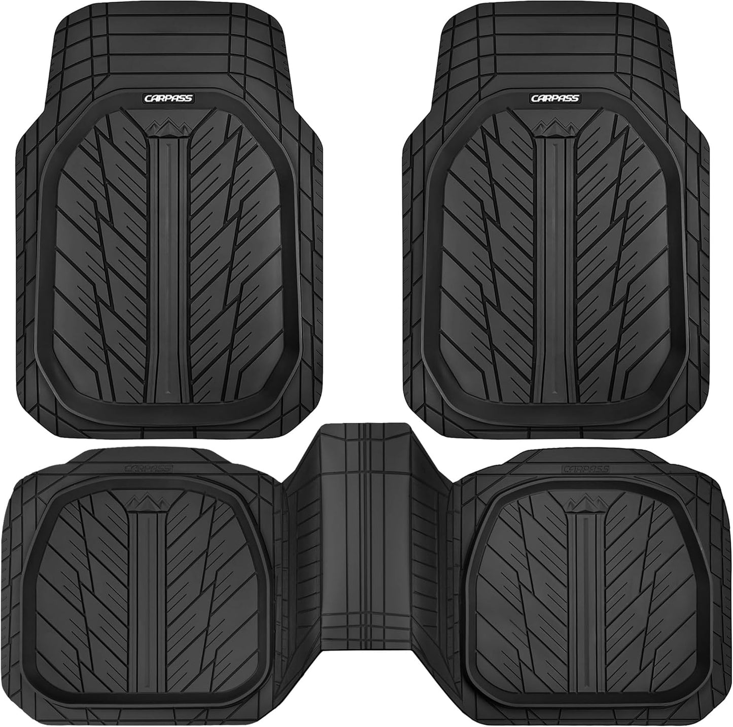 CAR PASS DeepDish Heavy Duty Rubber Floor Mats 3-Piece, Universal M-XL Size Trim-to-Fit Automotive Floor Mats for Truck Van SUV, Durable Waterproof All Weather Car Mats (Solid Black)