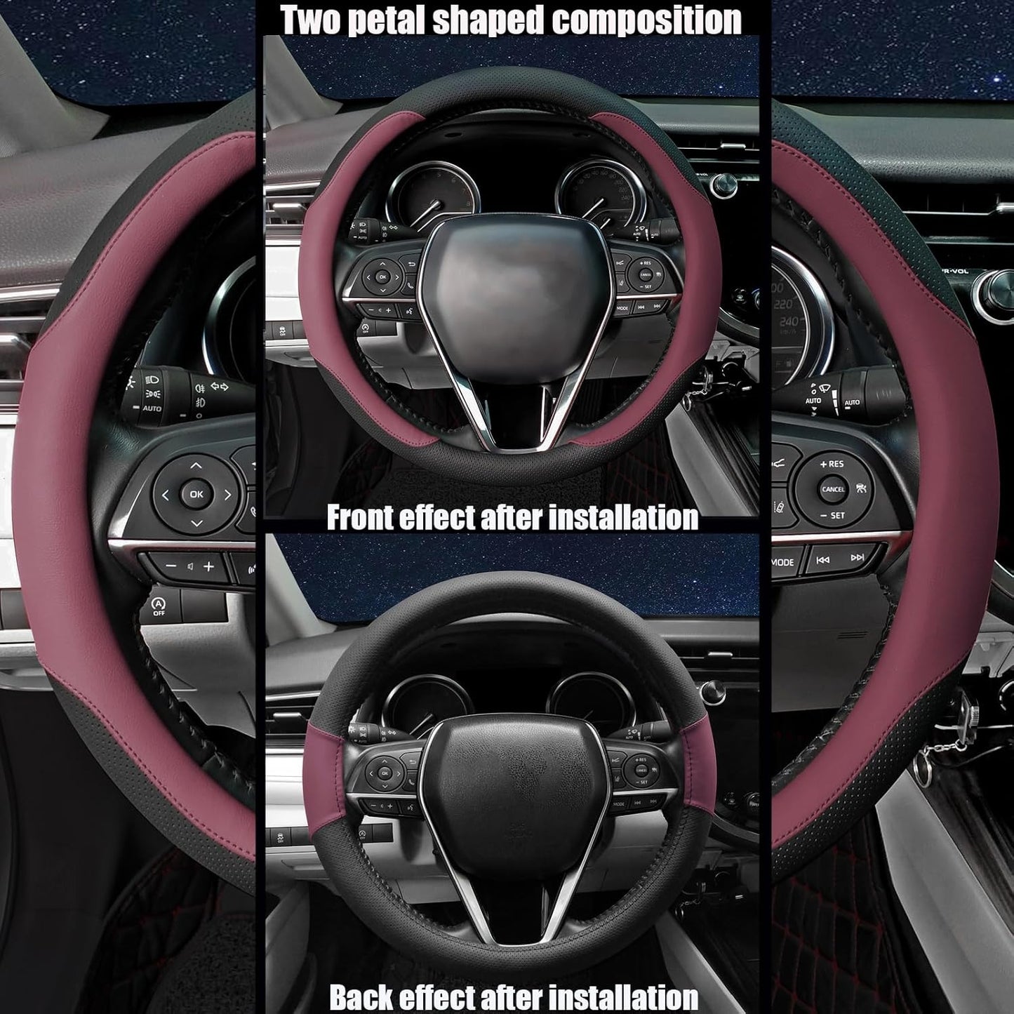 Steering Wheel Cover Standard Size Medium 14.5-15 inch, Breathable Microfiber Leather, Anti-Slip, Soft Grip, Universal Fit for Cars SUVs Trucks, Black and Burgundy