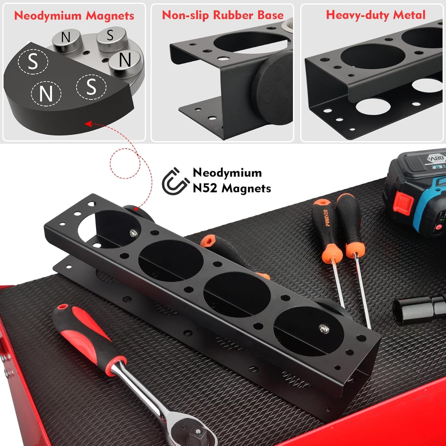 MUTUACTOR Super Power Tool Organizer, Non-Slip 4 Drill Holder Magnetic Mount with 2 Layer Heavy Duty Metal Storage Rack, Garage Tool Organizer with Screwdriver, Plier, Impact Drill Drivers