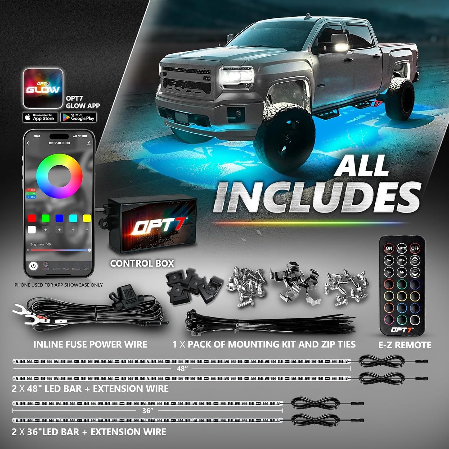 OPT7 Aura Pro Rigid RGB LED Underglow Kit for Trucks Trailers Pickups with App & Remote Control, Multi Colors Music Modes, 4 PCS Waterproof Aluminum Light Bars, Exterior Neon Under Car Lights