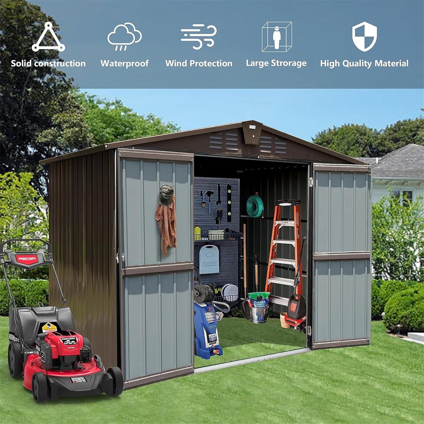 IKERY Metal Storage Shed - 8.2' x 6.2' with Double Lockable Doors and Air Vents, Utility Tool Shed for Backyard, Patio and Garden, Brown
