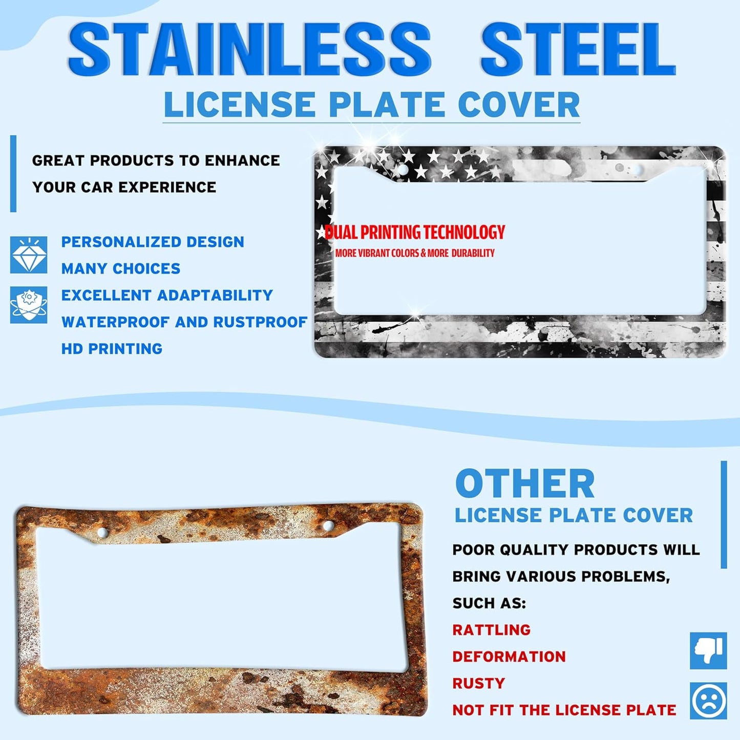 Vintage American Flag License Plate Frame USA Flag Stainless Steel License Plate Holder for Front or Rear Car Tags Funny for Car Decoration Accessories with Screws 6.3 X 12.2 in for Women Men