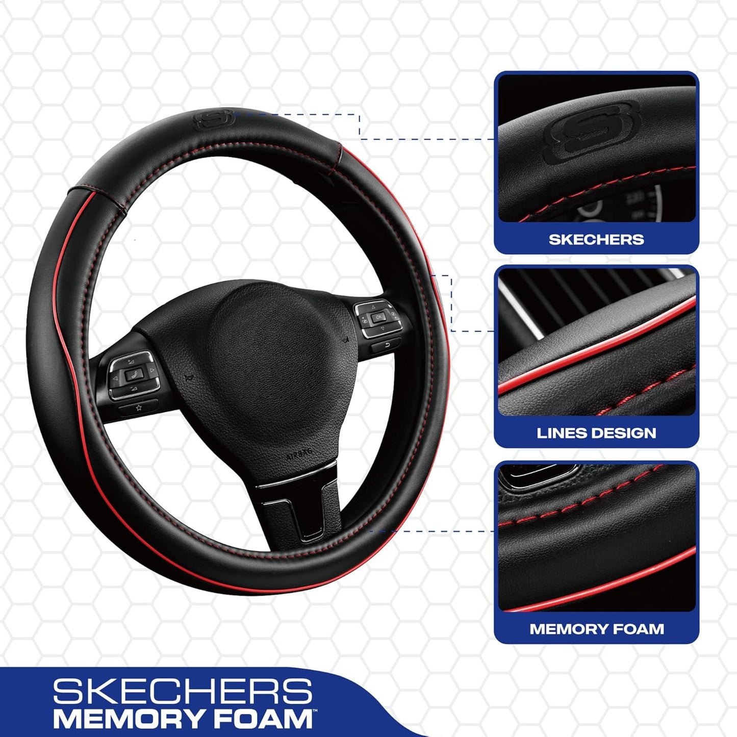 Skechers Memory Foam Steering Wheel Cover,Piping Microfiber Leather Steering Wheel Cover Sporty Universal Fit 14" 1/2-15" Car Wheel Protector for Men Women Fit Suvs,Vans,Sedans,Car,Trucks,Red