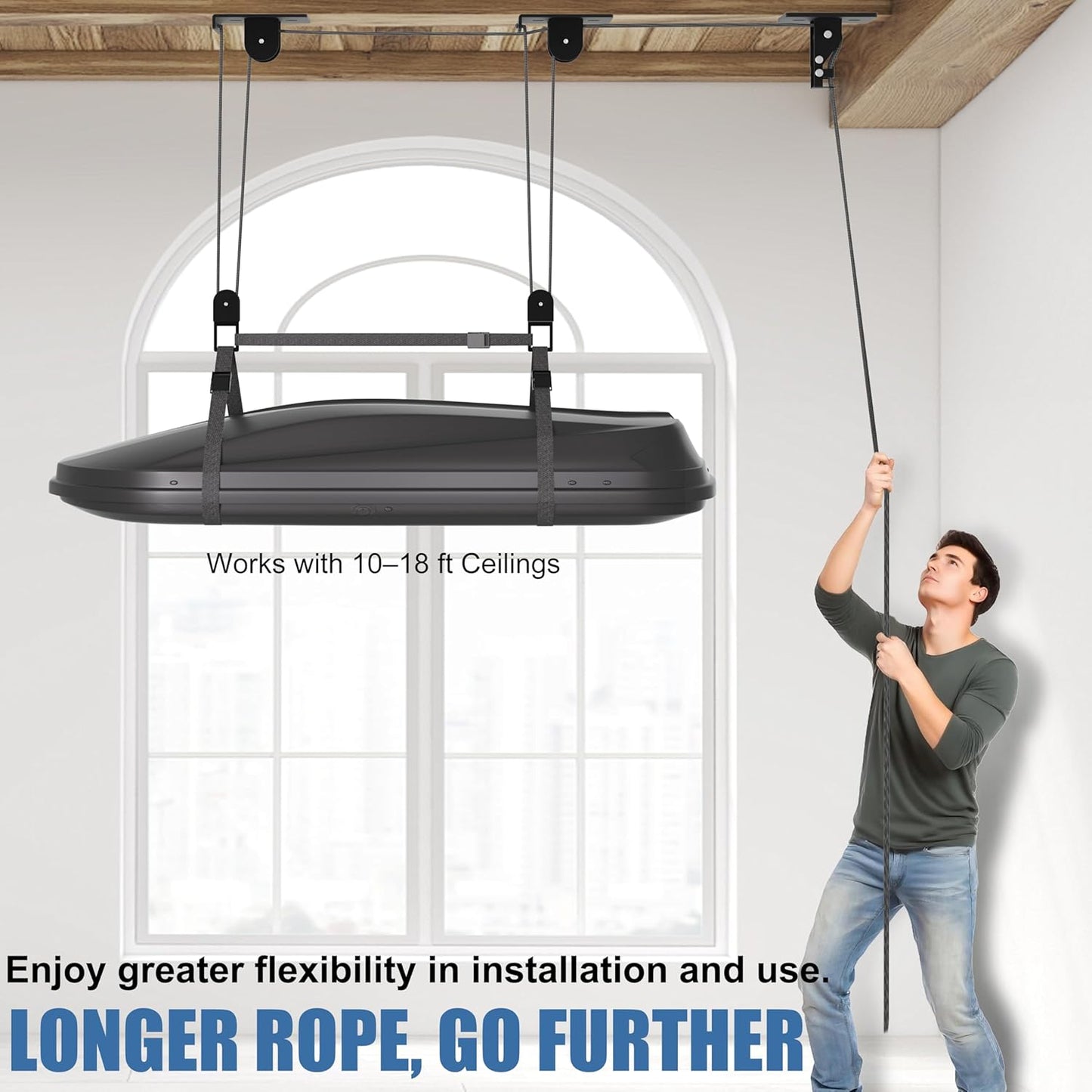 Cargo Box Pulley System for Garage Storage, Heavy-Duty Kayak/Canoes/Bikes/Ladders Ceiling Hoist, Hold Up to 150 lbs Capacity, Fit 10-18 Foot Ceilings, Black