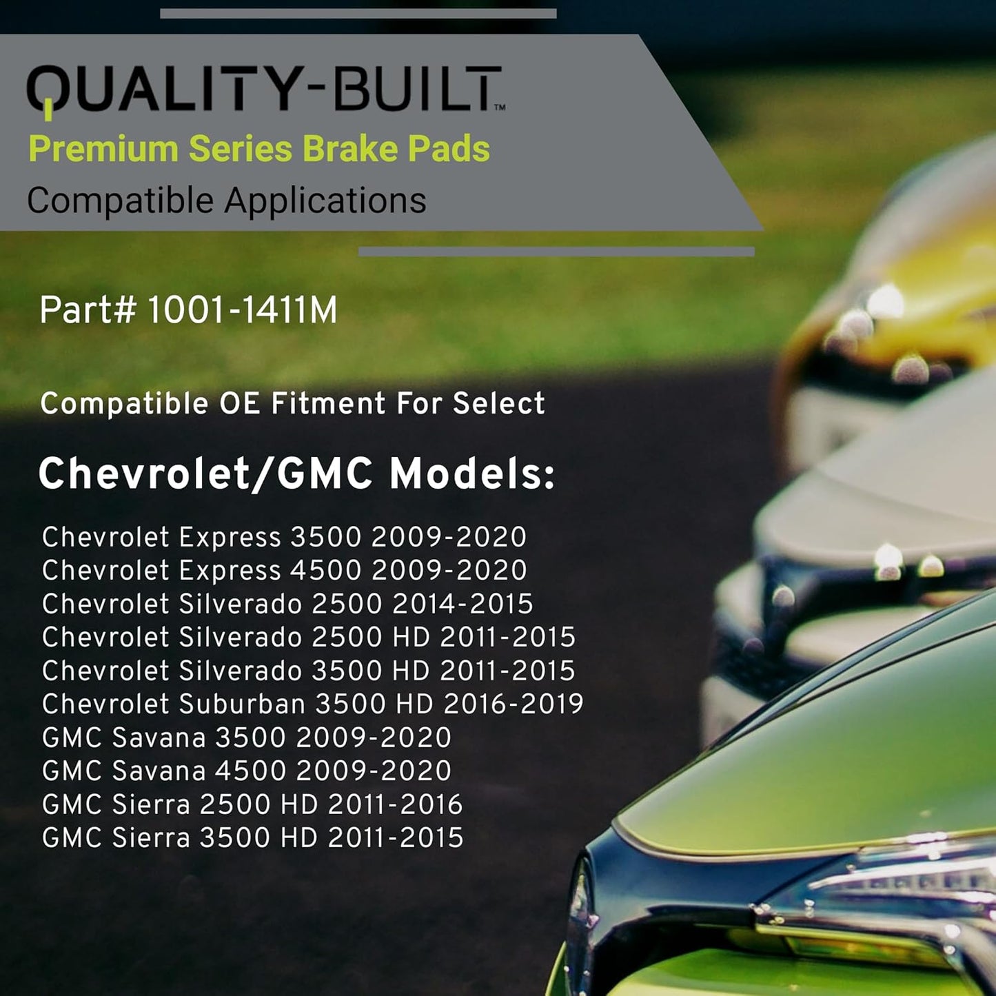 Premium Semi-Metallic Front Brake Pads (1001-1411M) Compatible with Chevrolet Silverado 2500 HD 2011, Silverado 3500 HD 2011, GMC Sierra 2500 HD 2011, Sierra 3500 HD 2011