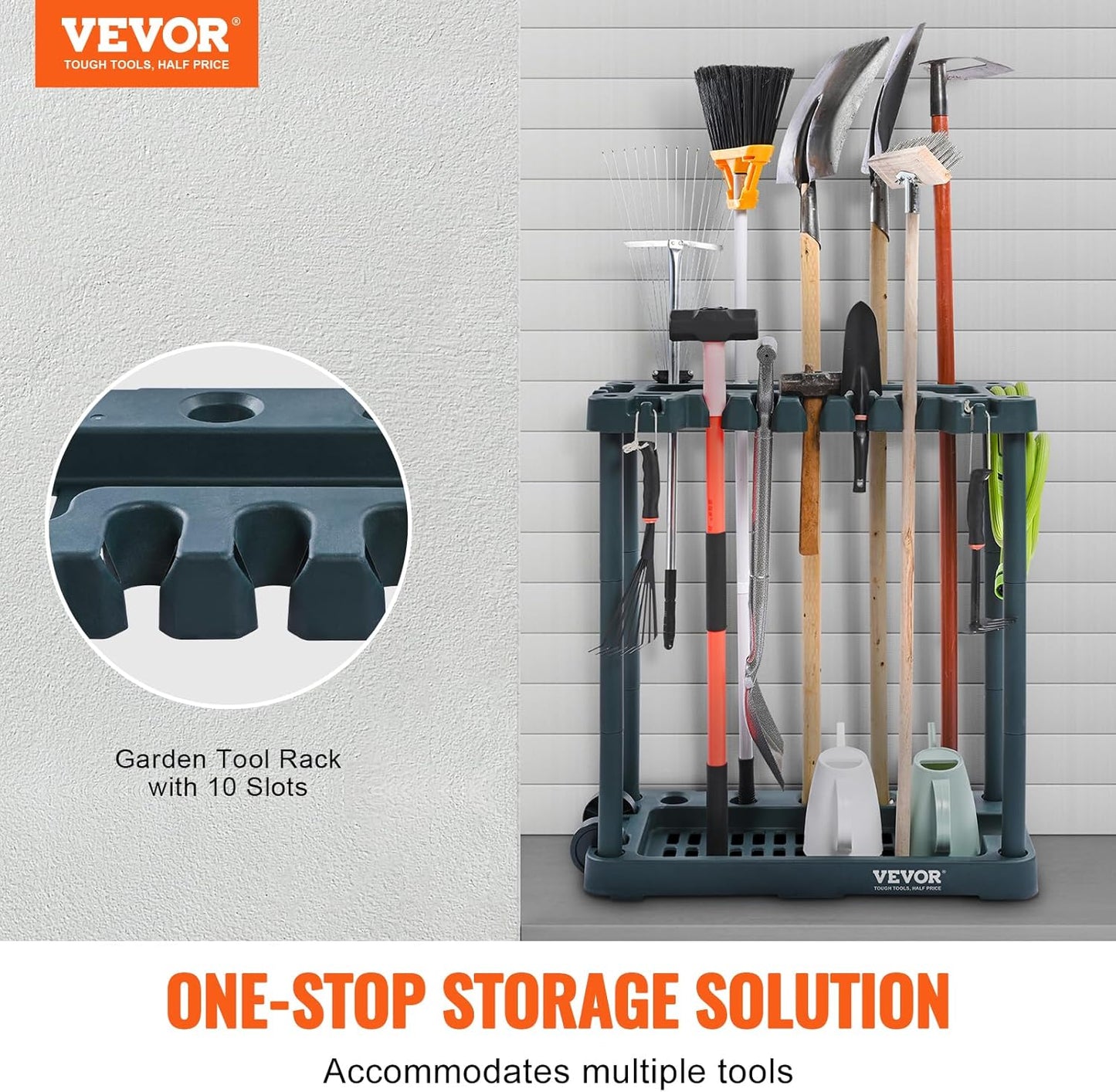 VEVOR Garden Tool Organizer, 10 Slots, Yard Tool Tower Rack for Garage Organization and Storage, Hold Long-Handled Tool/Rake/Broom/Shovel, PP Garden Tool Stand Holder Organizer for Yard, Shed, Outdoor