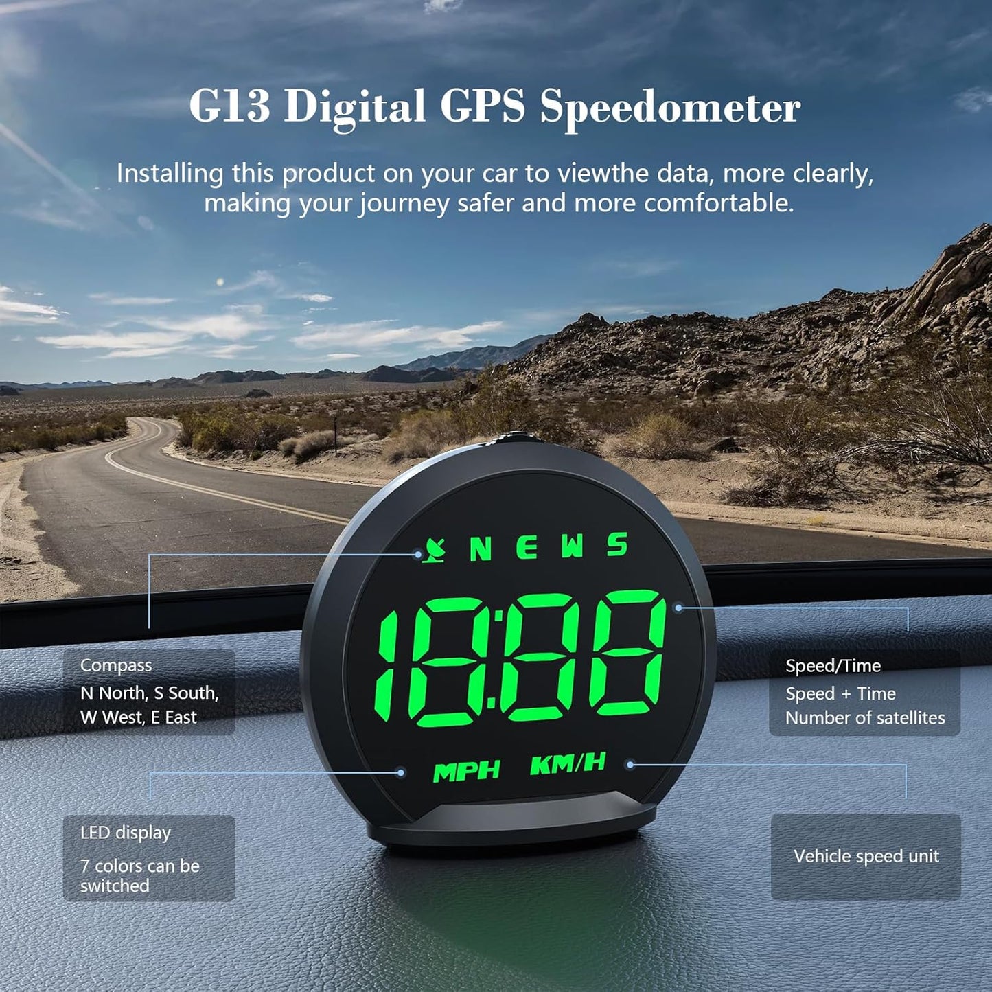G13 GPS Speedometer, Universal Digital GPS Speedometer with Color Font, USB Connection, HUD Display Suitable for All Vehicles, Plug and Play.