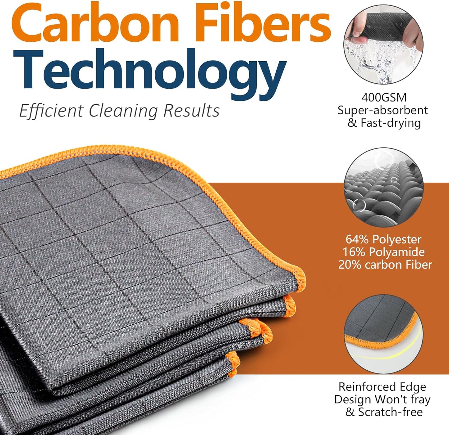 Airlab Carbon Microfiber Towels for Car Glass Window Polishing Cleaning Cloth Auto Detailing Lint Free Streak Free Drying Car Wash Towel, Pack of 3, 12" x 12", Grey-Orange