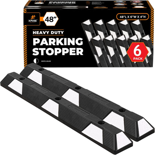 Xpose Safety 48" Heavy Duty Rubber Parking Stopper – 6 Pack Wheel Blocks for Garage, Driveway, or Ramp – Car Bumper Stop with White Reflective Strips – Removable Floor Mount