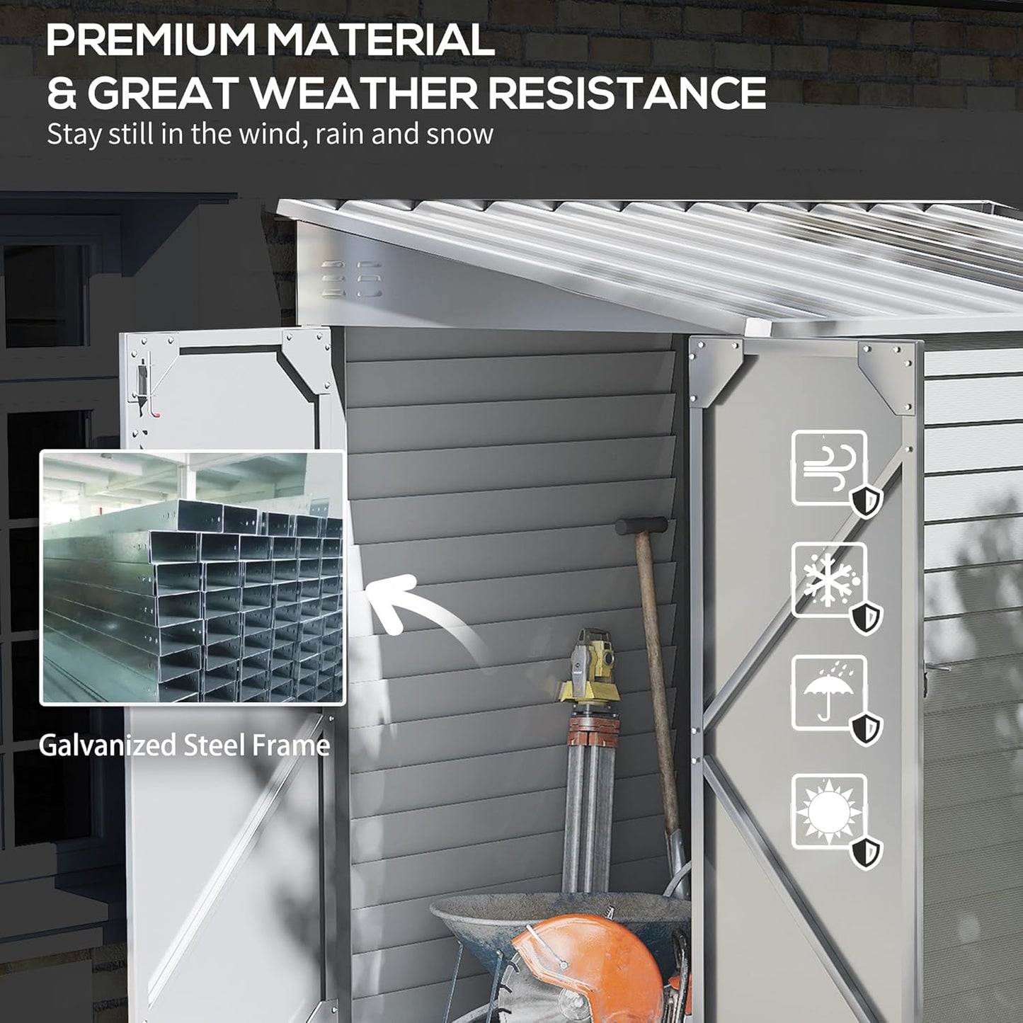 Outsunny 4.6' x 9' Steel Outdoor Storage Shed, Lean to Shed, Metal Tool House with Foundation Kit, Lockable Doors, Gloves and 2 Air Vents for Backyard, Patio, Lawn, White