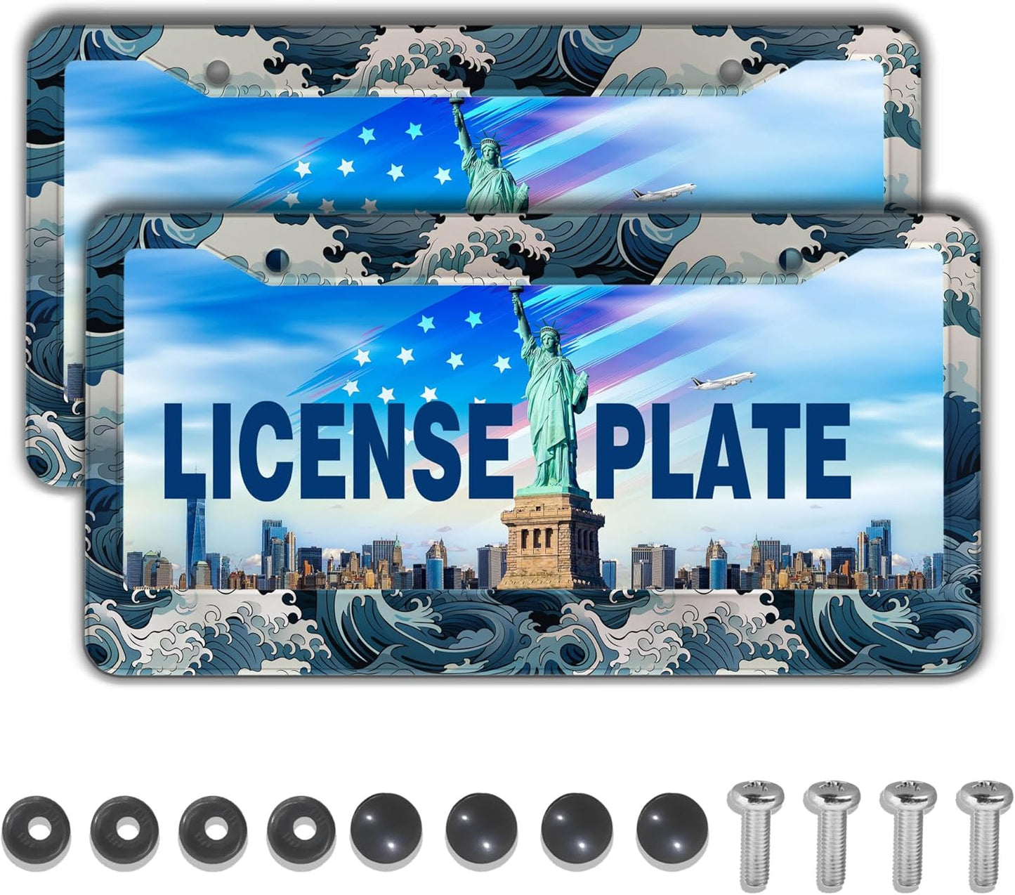 License Plate Frames for Men Multicolor License Plate Frame Holder for Women Ocean Waves Aluminum Metal Car Accessory 2 Pack with Screw Covers Set