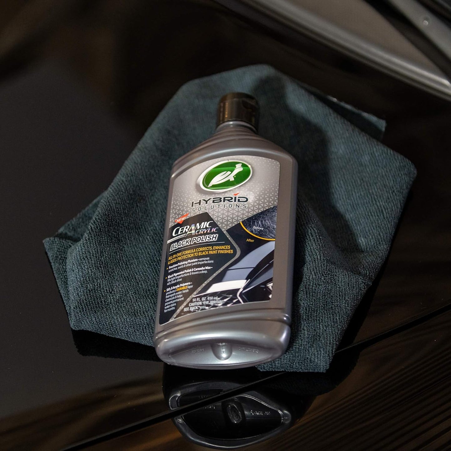 Turtle Wax 53448 Hybrid Solutions Ceramic Acrylic Black Polish and Wax Formulated for Black Car Paint, Removes Surface Scratches and Swirl Marks, Provides Water Repellency, 14 oz. (Pack of 1)