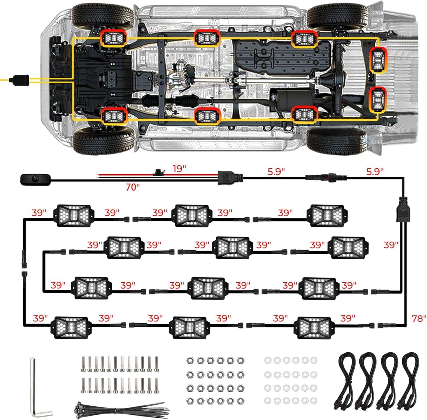 12 Pods Pure White LED Rock Lights Kit with Switch Wiring Harness,6500K 324 LEDs Bright Rock Lights for Trucks,Waterproof Underglow Light for Car Jeep Off Road ATV UTV SUV