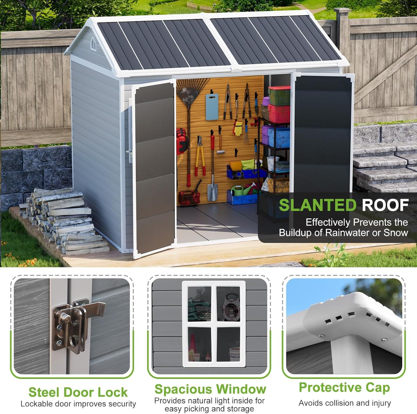 8x6 Shed Plastic Outdoor Storage with Floor Included, Waterproof Lockable Garden Shed Resin Tool Shed Cabinet