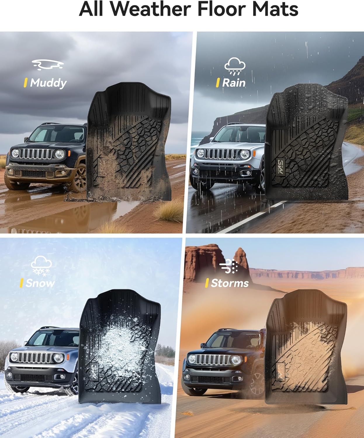 3W Floor Mats Fit for Jeep Renegade 2015-2023 TPE All Weather Custom Fit Floor Liner for Jeep Renegade 1st and 2nd Row Full Set Car Liners Black