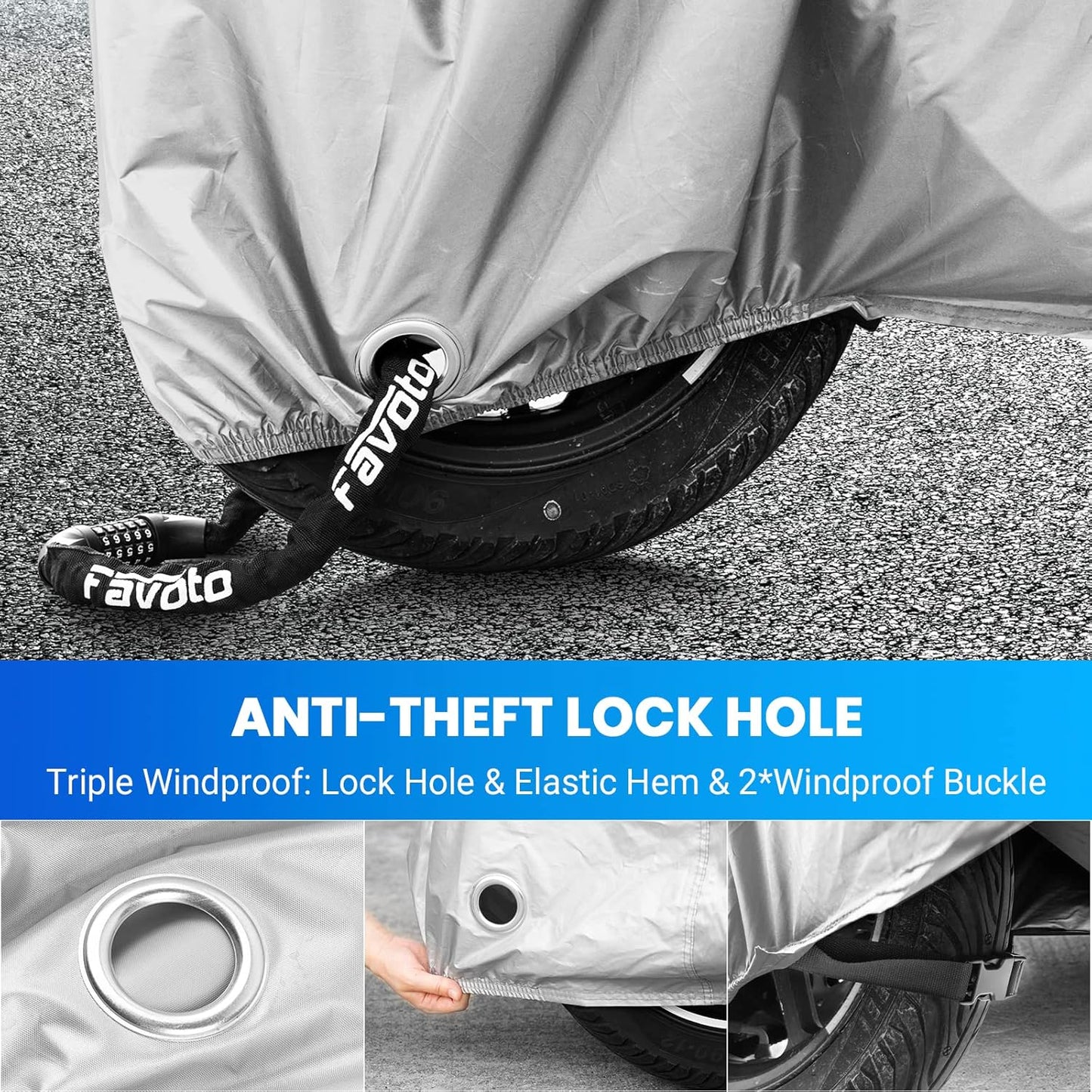 Favoto Motorcycle Cover Universal Heavy Duty Oxford Fabric with Lock-Hole 3 Night Reflectors Windproof Buckles Carrying Bag Waterproof Rain Dust Sun Outdoor Protection Silver, 96.5 inch