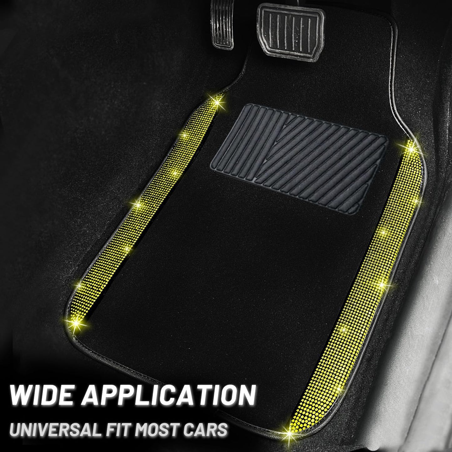 NBTEPEM Bling Car Floor Mats Full Set, Universal Fit Most Cars,SUV, Trucks, 4 pcs Sparkle Glitter Diamond Carpet for Women Girls with Anti-Slip Pad (Yellow Diamond)
