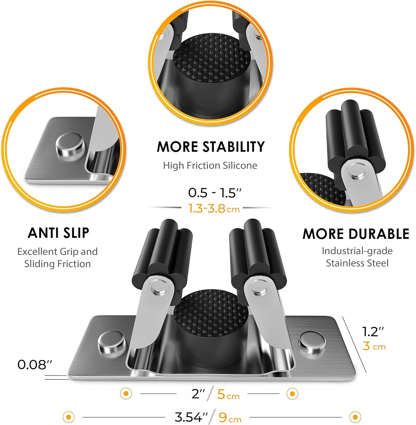 Self Adhesive Broom and Mop Holder Wall Mounted – SUS304 Stainless Steel 2-Slot Organizer with Anti-Slip Rubber Grips, 25lb Load, Adjustable for 0.6–1.4" Handles, Garage Kitchen Bathroom Use, 2 Pcs