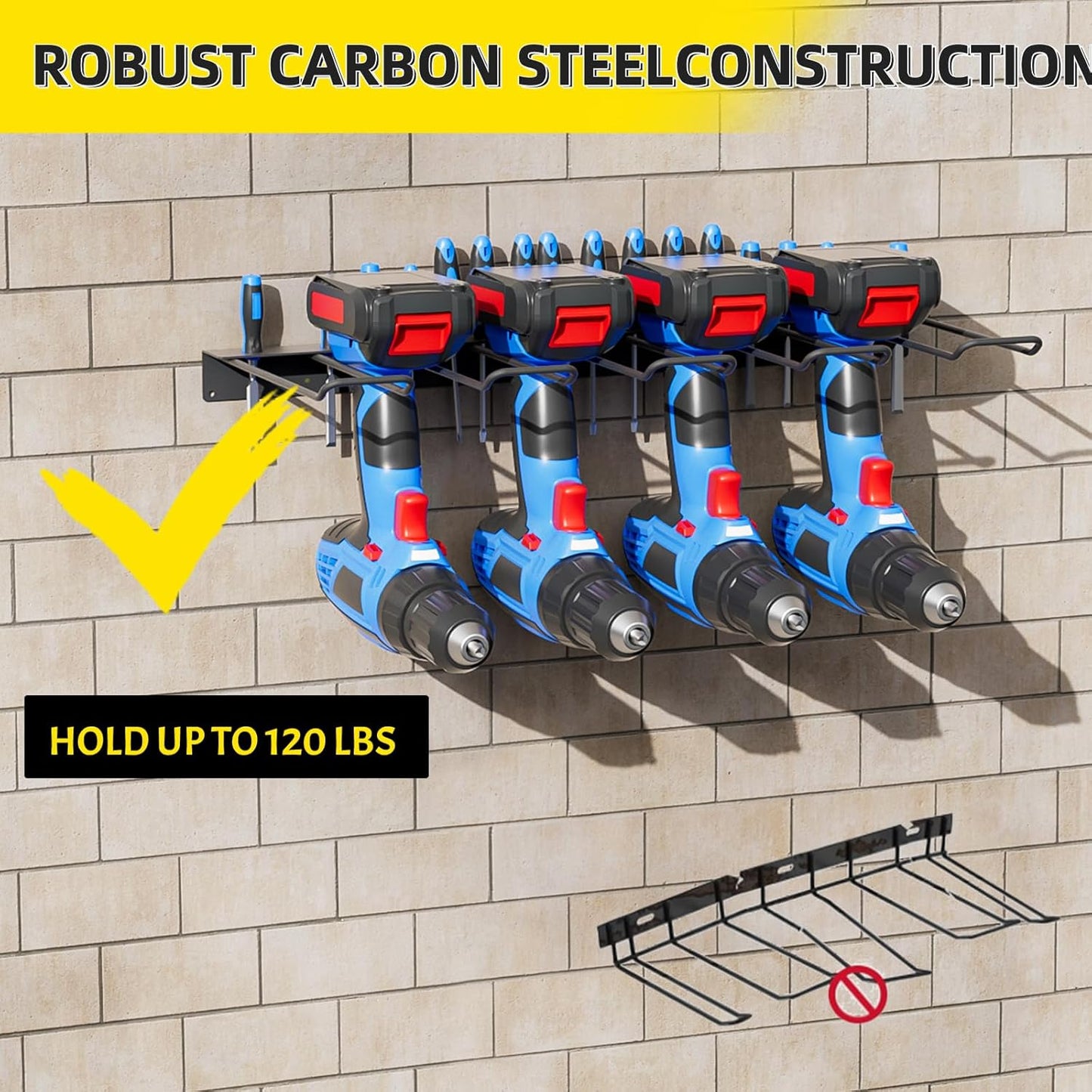Power Tool Organizer Wall Mount with Charging Station, 4 Layers 6 Drill Holder, Heavy Duty Storage Utility Racks, Supports 600 lbs,Battery Shelf for Garage and Workbench (16 Inch Holder Basic Version)