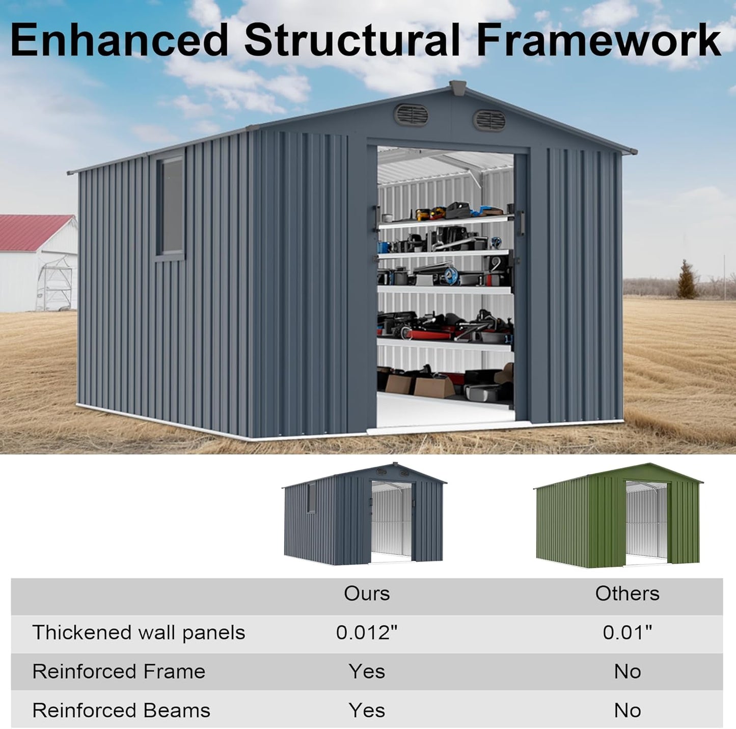 LANTRO JS 10x8FT Metal Outdoor Storage Shed, Garden Tool Shed Without Floor, Garage Shed with Window and Lockable Doors, for Garden Bike Lawnmower