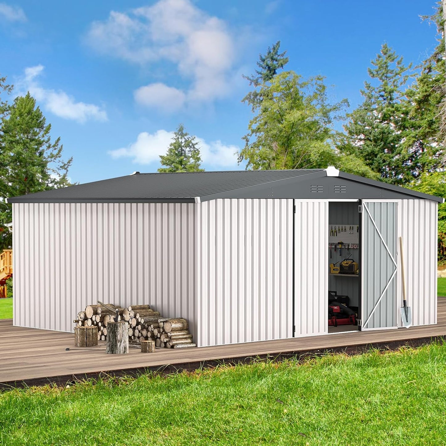 AECOJOY 14' x 12' Outdoor Storage Shed, Large 12x14 Metal Sheds & Outdoor Storage Clearance Steel Yard Shed with Lockable Doors, Utility Tool Storage Garden Shed for Backyard, Patio and Outside use