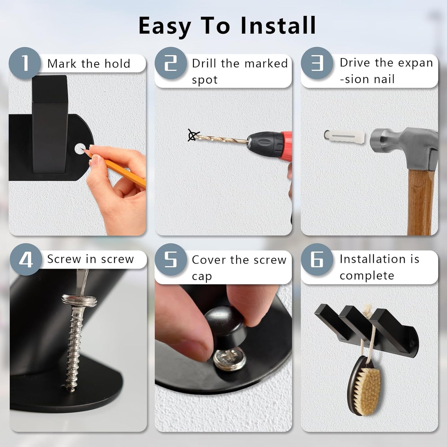 NINETREX Coat Rack Wall Mounted, Black Metal Coat Rack with 3 Coat Hooks Heavy Duty Coat Hanger Hooks Bag Hat Towel Rack for Entryway, Bathroom, Bedroom, Kitchen, and Hallway(Black,Square)