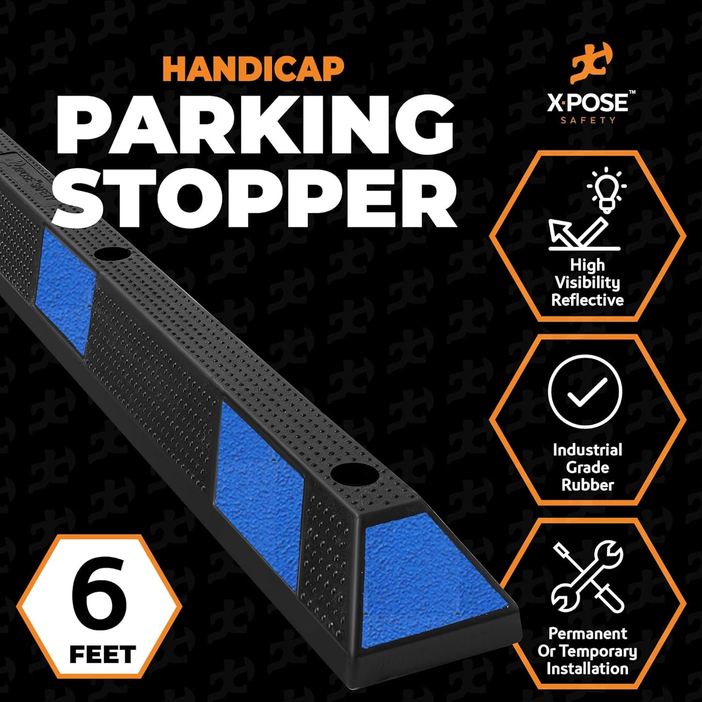 Xpose Safety 72" Heavy Duty Rubber Parking Stopper – 6 Pack Wheel Blocks for Garage, Driveway, or Ramp – Car Bumper Stop with Blue Reflective Strips – Removable Floor Mount