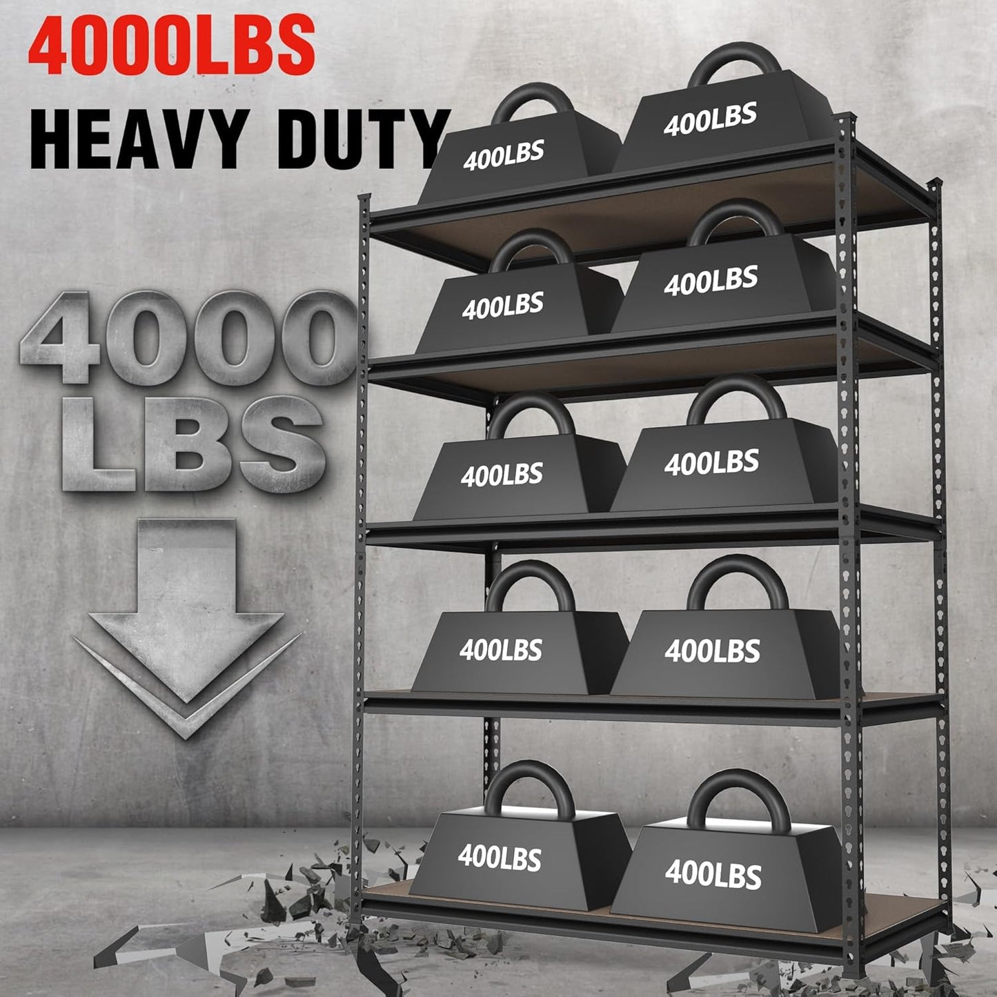 WORKPRO 4000LBS Storage Shelves, 5-Tier Metal Shelving Unit, Adjustable Garage Shelving with Particle Board, Heavy Duty Storage Rack for Garage, Kitchen, Basement, Warehouse, Black, 72"H x 36"W x 18"D