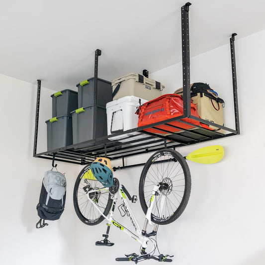 StoreYourBoard Heavy-Duty Ceiling Mounted Garage Shelving, Steel Overhead Ceiling Shelf, 3x8 Garage Organization Rack with Hooks, Holds 700 lbs