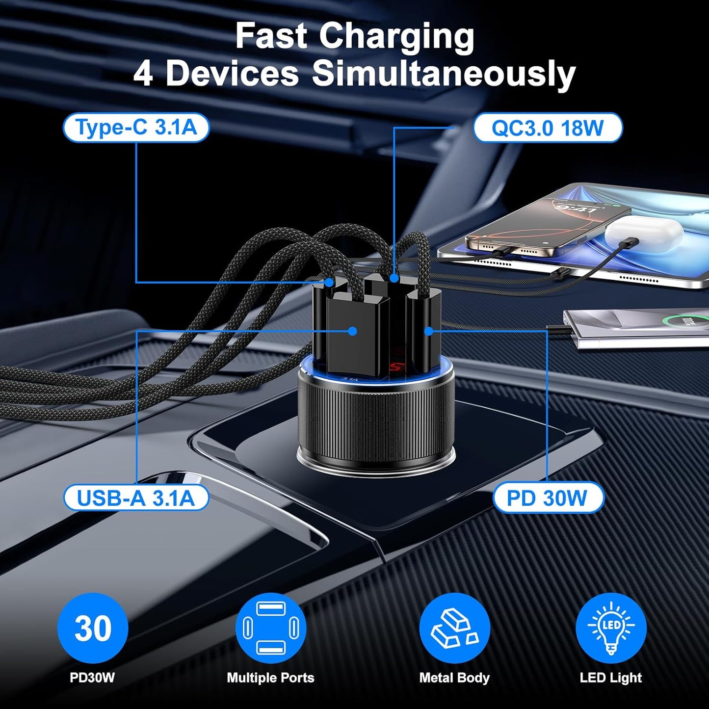Car Phone Charger, Besgoods USB C Car Charger Adapter 4 Ports with Voltmeter PD&QC Fast Charging Cigarette Lighter USB Charger for iPhone 16 15 14 13 12 Galaxy S24 S23 A54 A15 Dash Cam Car Acc, 2Pack