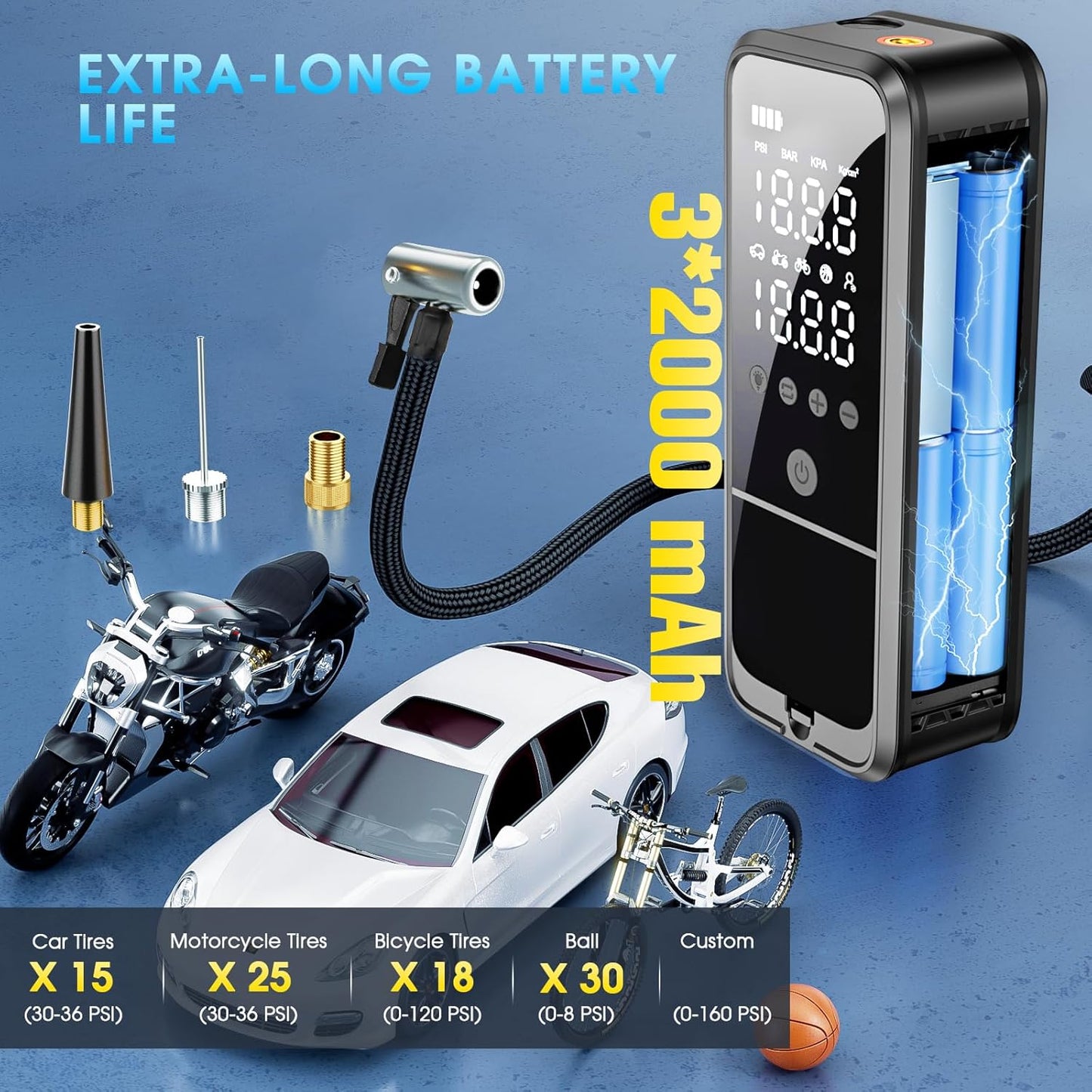 Tire Inflator Portable Air Compressor, 160 PSI Air Pump for Car Tires with Digital Pressure Gauge, Bike Tire Pump with LED Light Portable Tire Inflator for Car (Dark Gray)