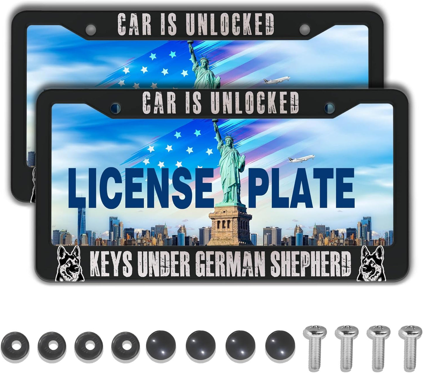 Front License Plate Bracket Black and White License Plate Frames Car is Unlocked Keys Under German Shepherd Universal Aluminum Car Accessory 2 Pack with Screw Covers Set